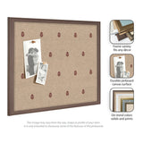 Canvas pinboard with small red botanical prints on beige background, set in a dark wood frame, displaying two black-and-white pinned photos.