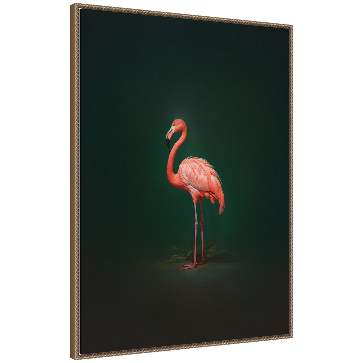 Vivid pink flamingo standing sideways against a dark green gradient background in a framed canvas print with a woven-texture frame.