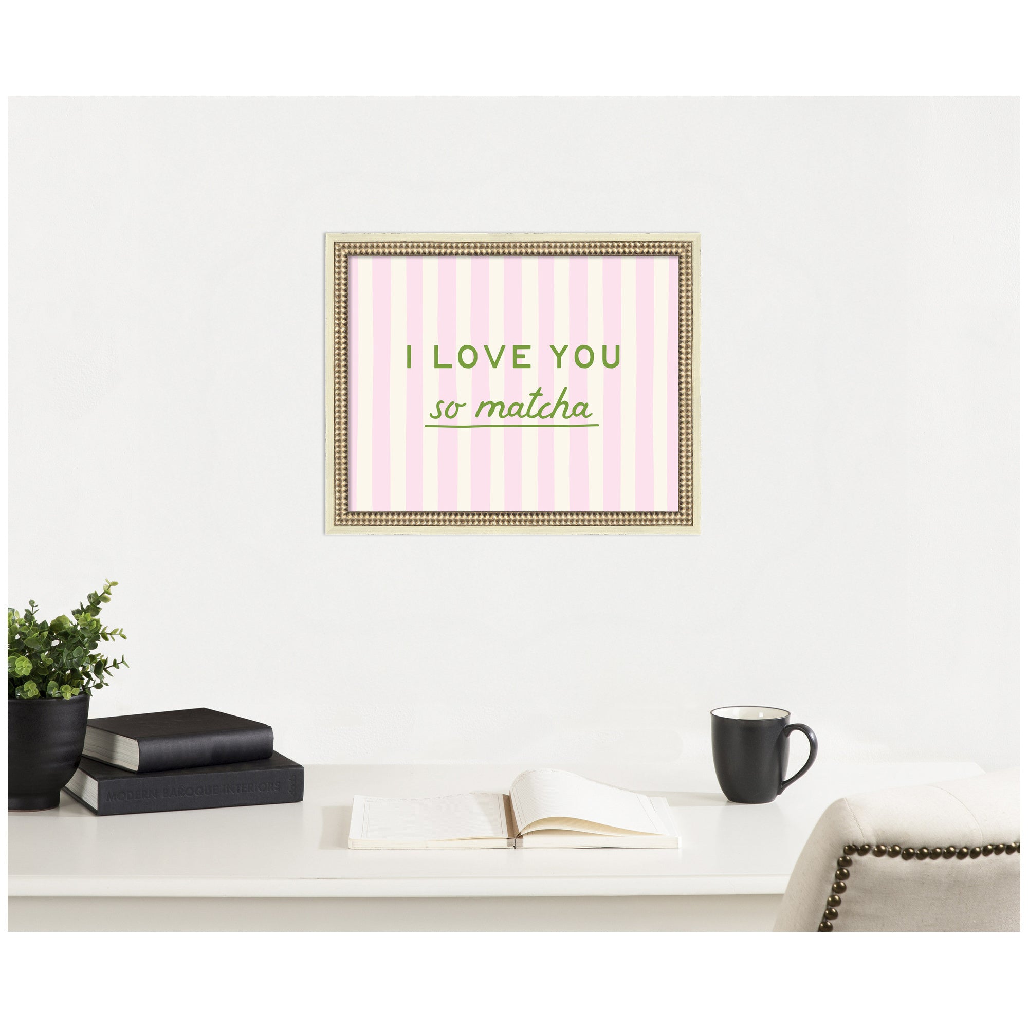 I Love You So Matcha Pink and Green Striped Kitchen Art by Lucky Guava - Framed Print