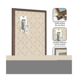 Rectangular pinboard with a beige fabric surface featuring a subtle green lattice pattern and a dark brown wooden frame, shown with attached black and white photos.