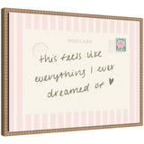Framed canvas wall art featuring vintage postcard print with pink stripes titled Travel Dream by Lucky Guava