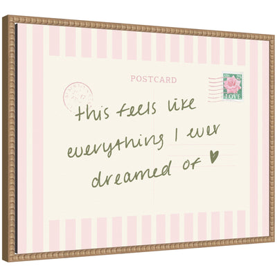 Framed canvas wall art featuring vintage postcard print with pink stripes titled Travel Dream by Lucky Guava