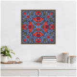 Square framed canvas with a symmetrical kaleidoscope pattern of vibrant red poppies on a blue background with green leaves and decorative gold accents.