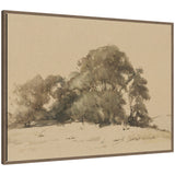 Muted sepia-toned watercolor landscape of clustered trees on a gentle hill, with soft shading and indistinct background, framed in simple dark wood.