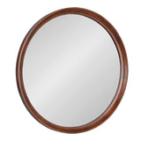 Round wall mirror with a smooth, medium brown wooden frame featuring subtle wood grain variations and a slightly beveled edge, shown against a white background.