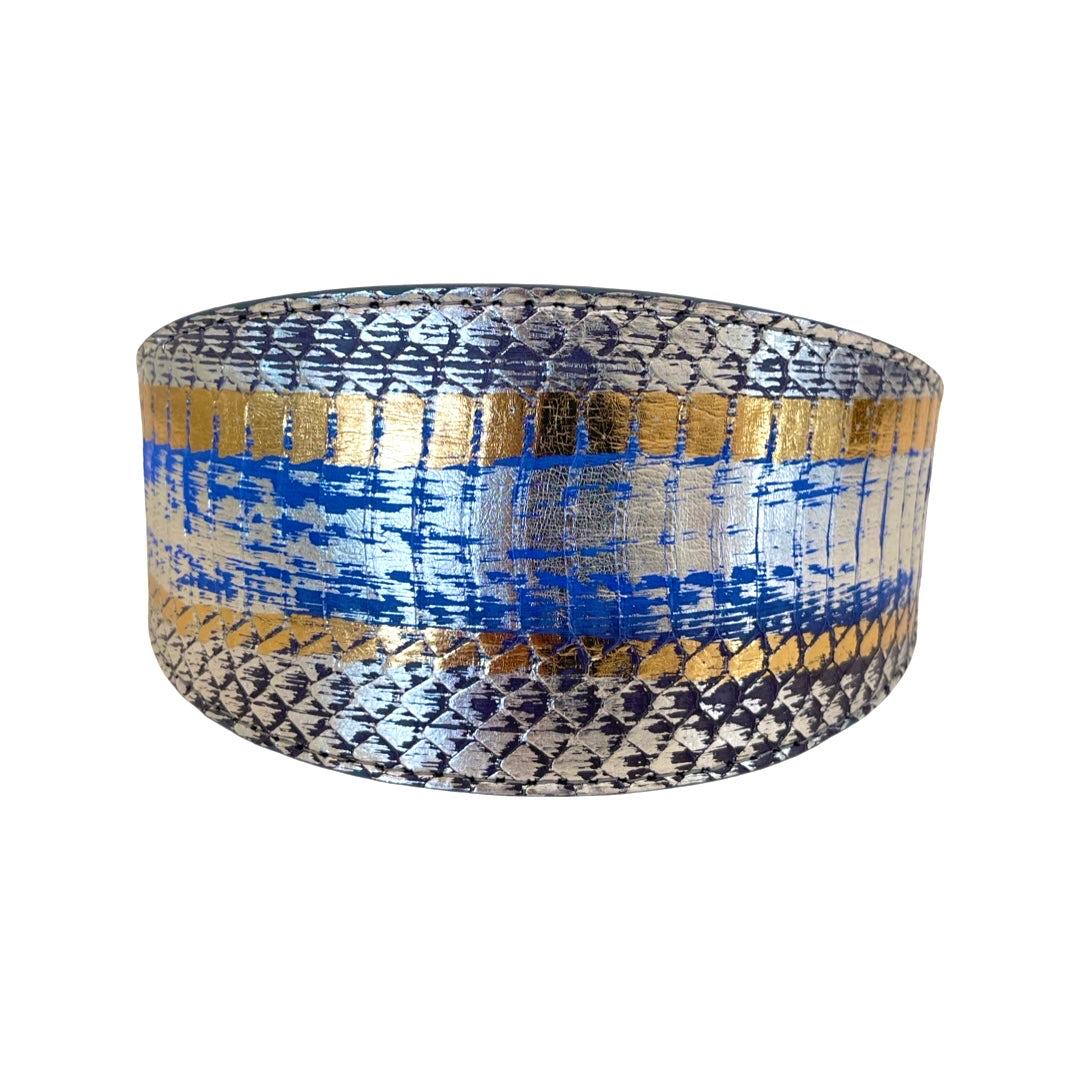 Close-up of multi-color blue, silver, and gold snake patterned 3” wide collar