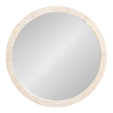 Round wall mirror with a textured light beige frame featuring subtle vertical grooves, shown against a plain white background.