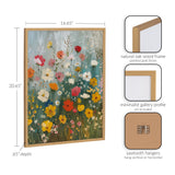 Framed floral painting with colorful wildflowers against a gray-blue background, featuring a natural oak wood frame with a gold finish and minimalist gallery profile