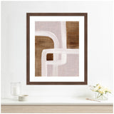 Framed abstract art with overlapping curved and straight rhythmic lines in beige, brown, and white tones, displayed above a white shelf with minimal decor.