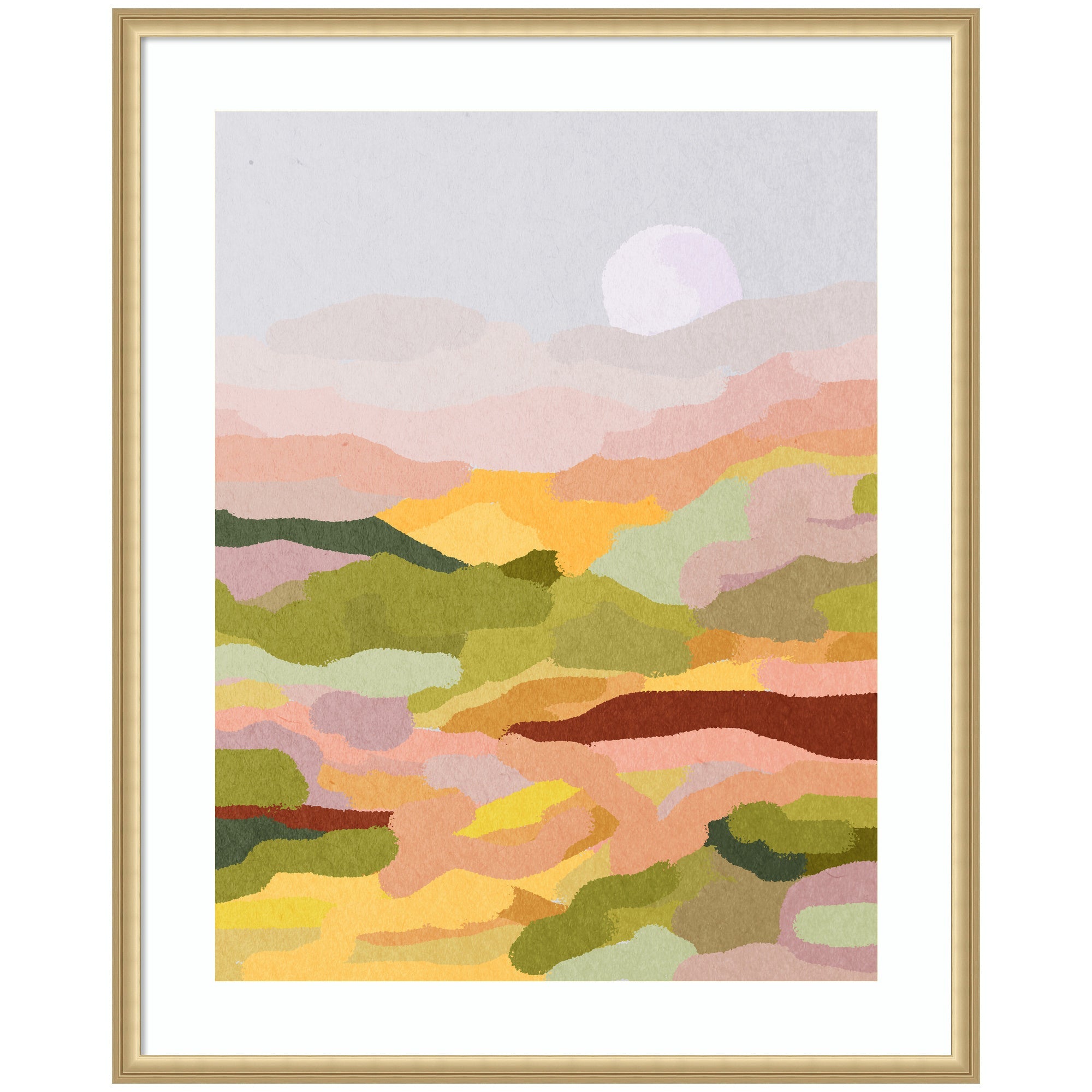 Framed abstract landscape art with pastel pink, orange, and green hues in a gold frame