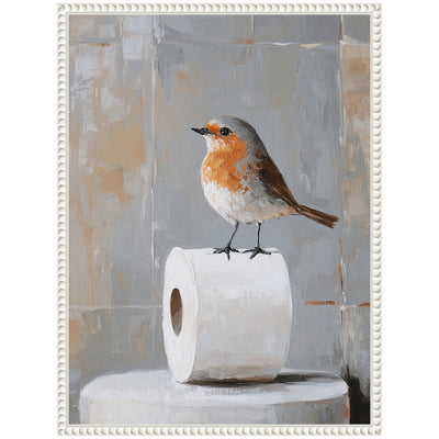 Sylvie Bird Standing on Toilet Paper Roll Toilet Bathroom Art Framed Canvas