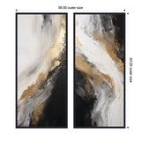 Two abstract framed canvases with flowing gold, black, white, and gray swirls creating a dynamic marble-like effect, arranged side by side vertically.