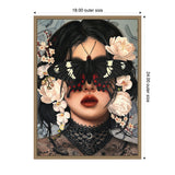 Portrait of a woman with dark hair wearing a black lace top, with a large black and white butterfly covering her eyes and surrounded by pale pink flowers.