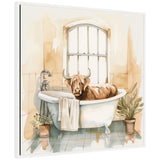 Watercolor painting of a brown highland cow sitting in a white clawfoot bathtub, with a towel hanging over the edge, framed by a window and two potted plants in a beige-tiled bathroom.