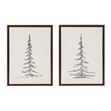 Two minimalist black line sketches of tall evergreen trees on white canvas, each framed in dark wood with slight variations in branch detail and base shading.