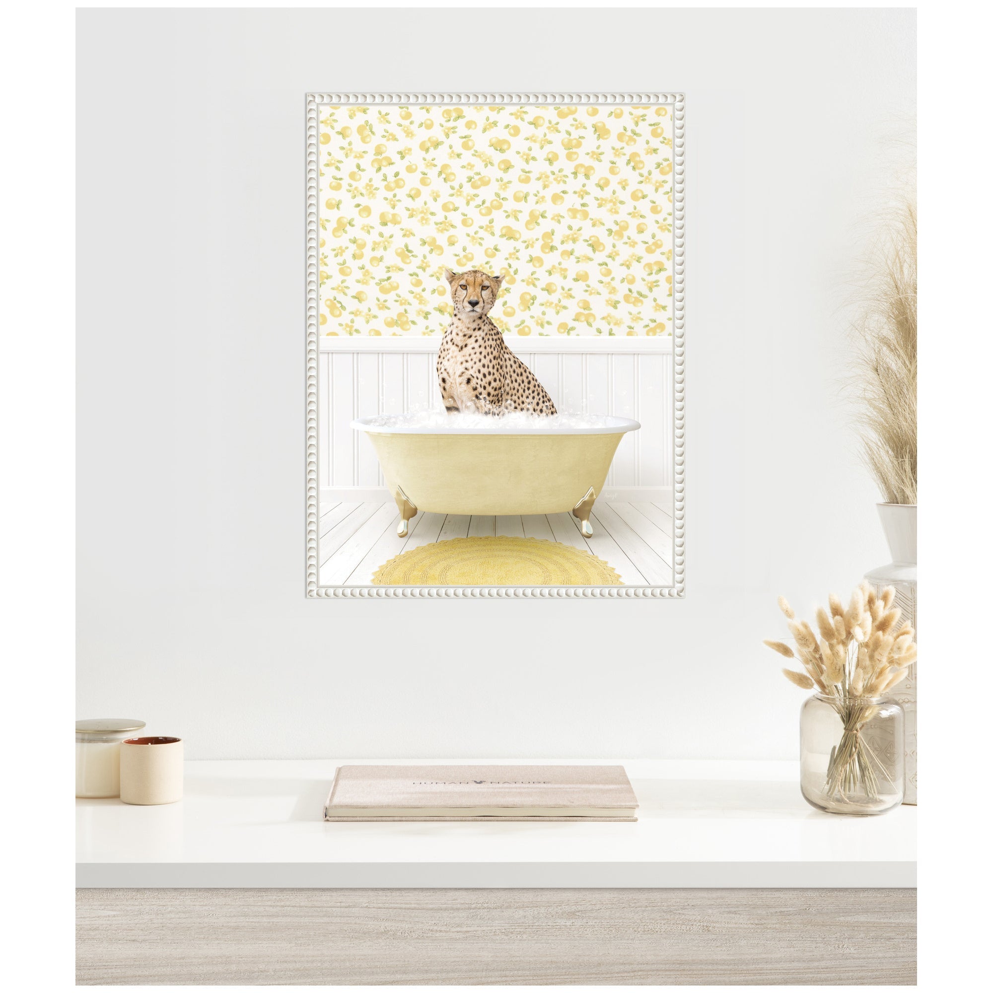 Sylvie Cheetah in Cottage Yellow Bathtub Framed Canvas by Amy Peterson