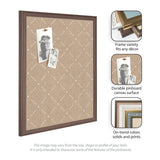Beige lattice pattern pinboard with dark wood frame holding two pinned black and white photos, shown with inset images of frame options, fabric texture, and color variety.