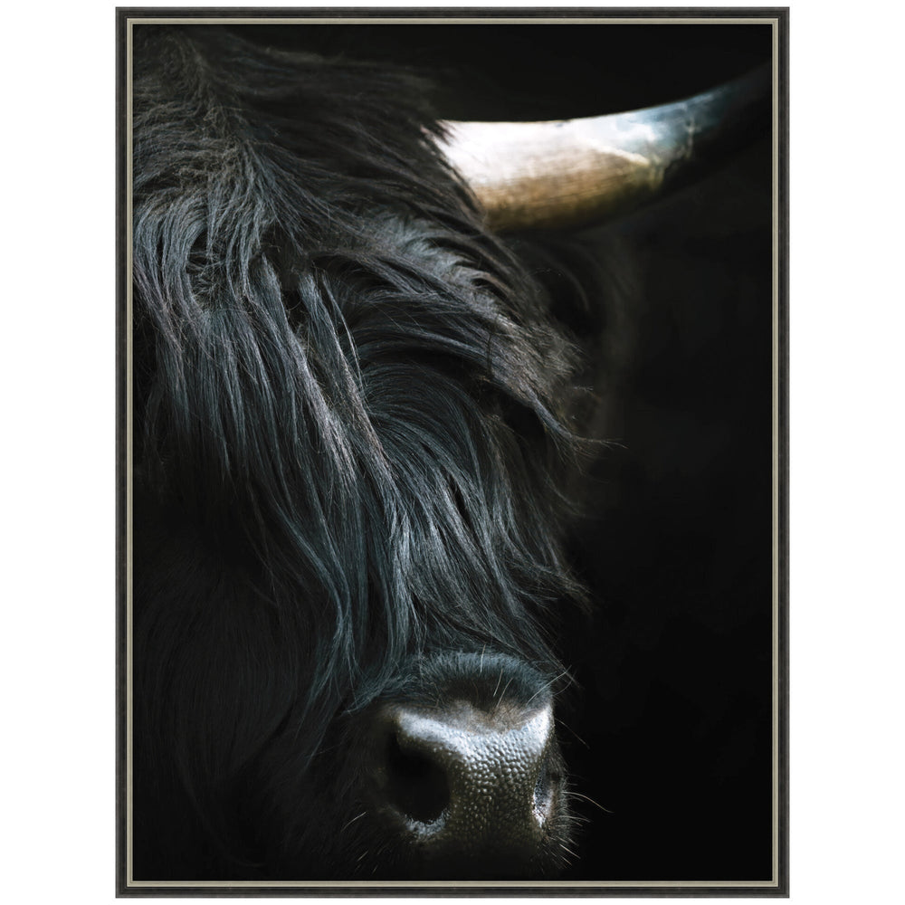 Minimalist Black Highland Cow Close framed art print by Michael Schauer