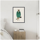 Framed artwork of a leopard wearing sunglasses and a green coat, holding a black handbag, displayed on a white wall above a wooden nightstand.