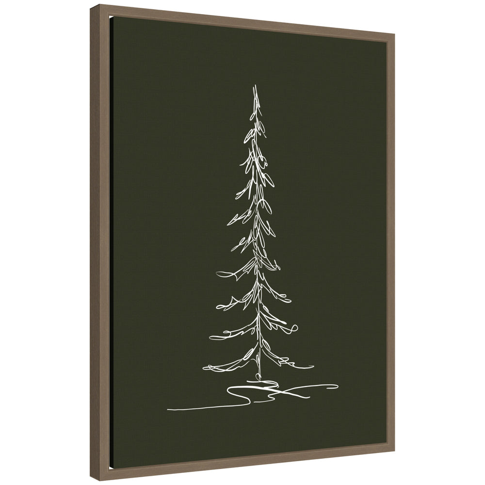 Sylvie framed canvas featuring minimalist white line drawing of an evergreen tree against dark background