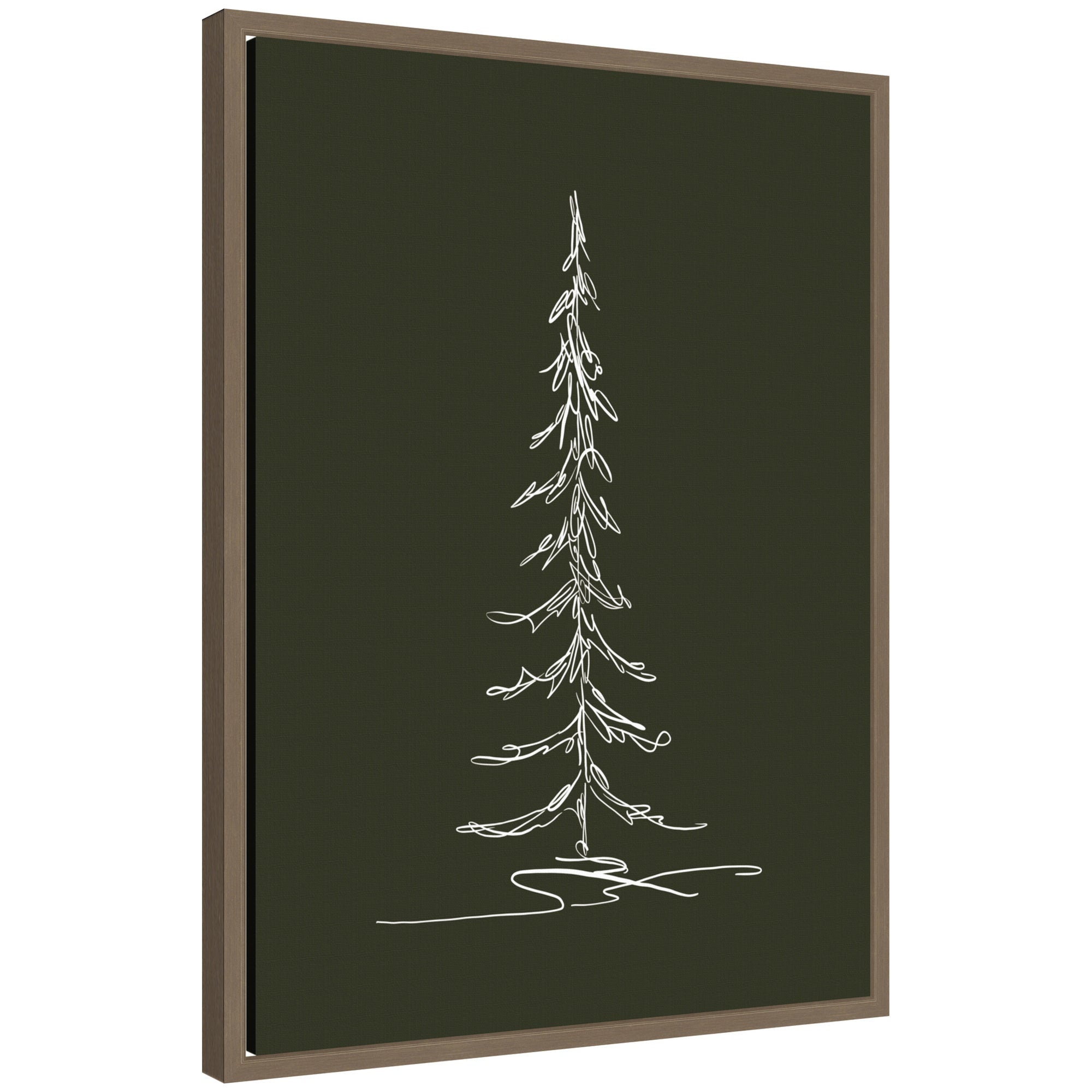 Sylvie framed canvas featuring minimalist white line drawing of an evergreen tree against dark background