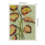 Framed canvas painting of stylized leaves with yellow, pink, and green hues on slender stems against a muted green background, measuring 18 by 24 inches outer size.