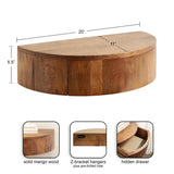 Semi-circular floating wall shelf in solid mango wood, 20 inches wide, featuring hidden drawer and pre-drilled Z-bracket hangers on back