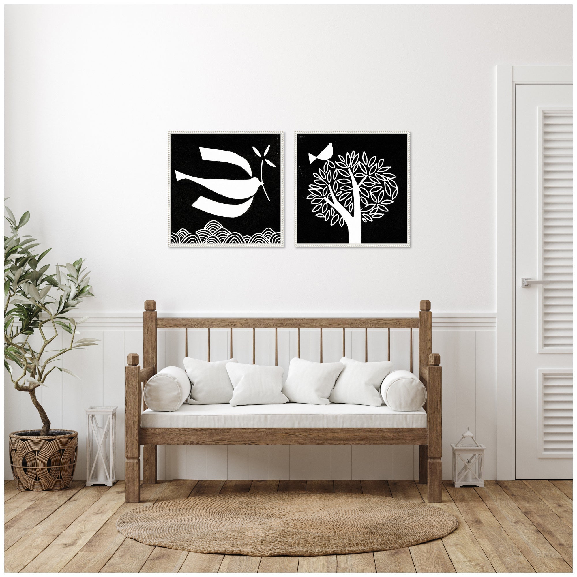 Sylvie Beaded Black and White Linocut Birds Framed Canvas Art Set by Giuliana Lazzerini