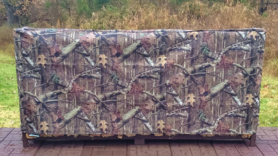 Woodhaven Full Firewood Rack Cover on firewood rack in outdoor setting