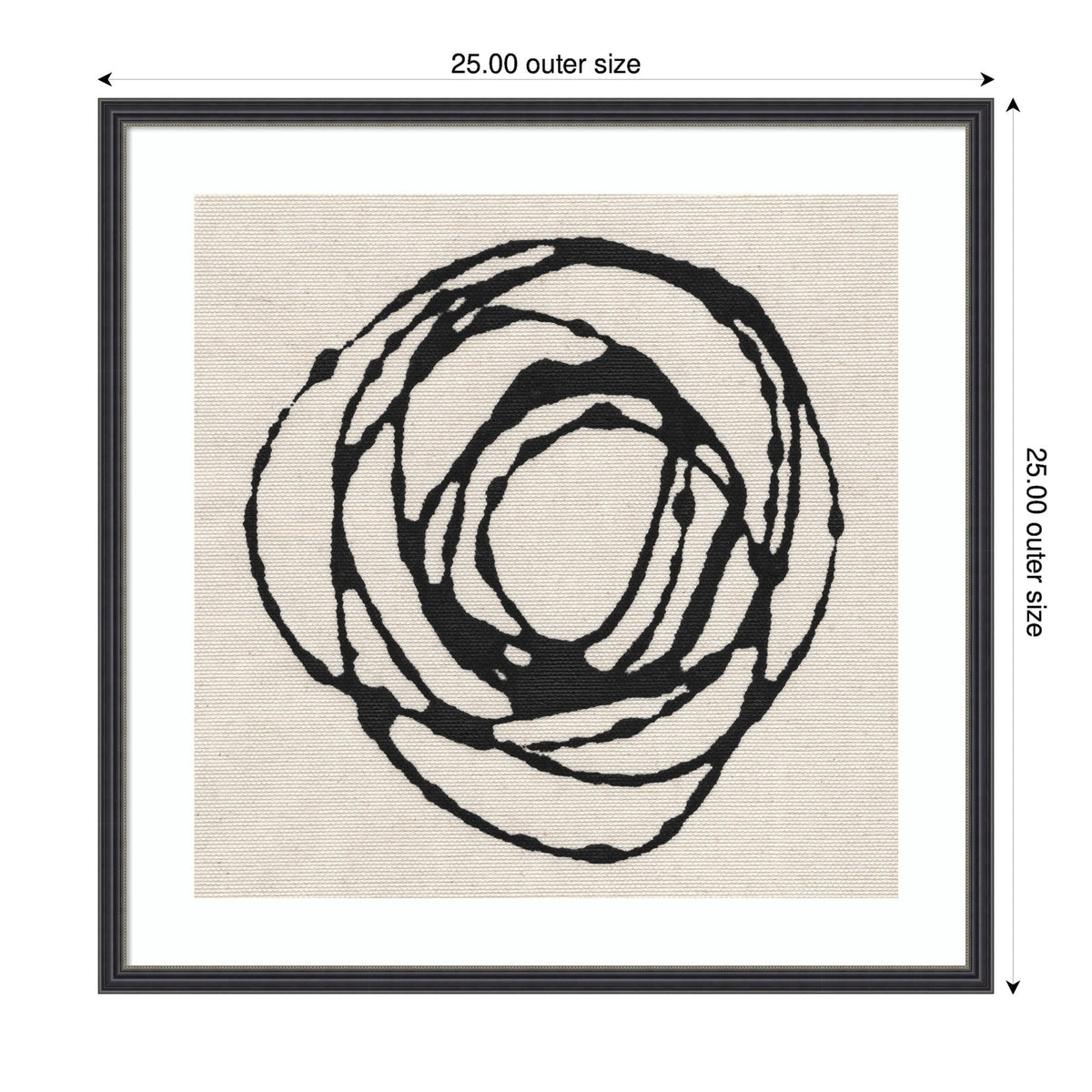 Abstract black swirling circular lines on a light beige textured background, framed with a simple black border measuring 25 by 25 inches.