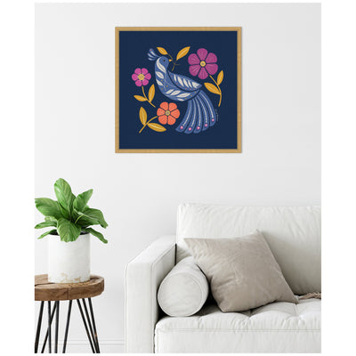 Sylvie Boho Folk Art Bird Blue and Gold Framed Canvas by Carey Copeland