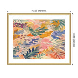 Abstract watercolor floral painting with overlapping leafy shapes in muted pink, blue, yellow, orange, and green tones framed in light wood with matting.