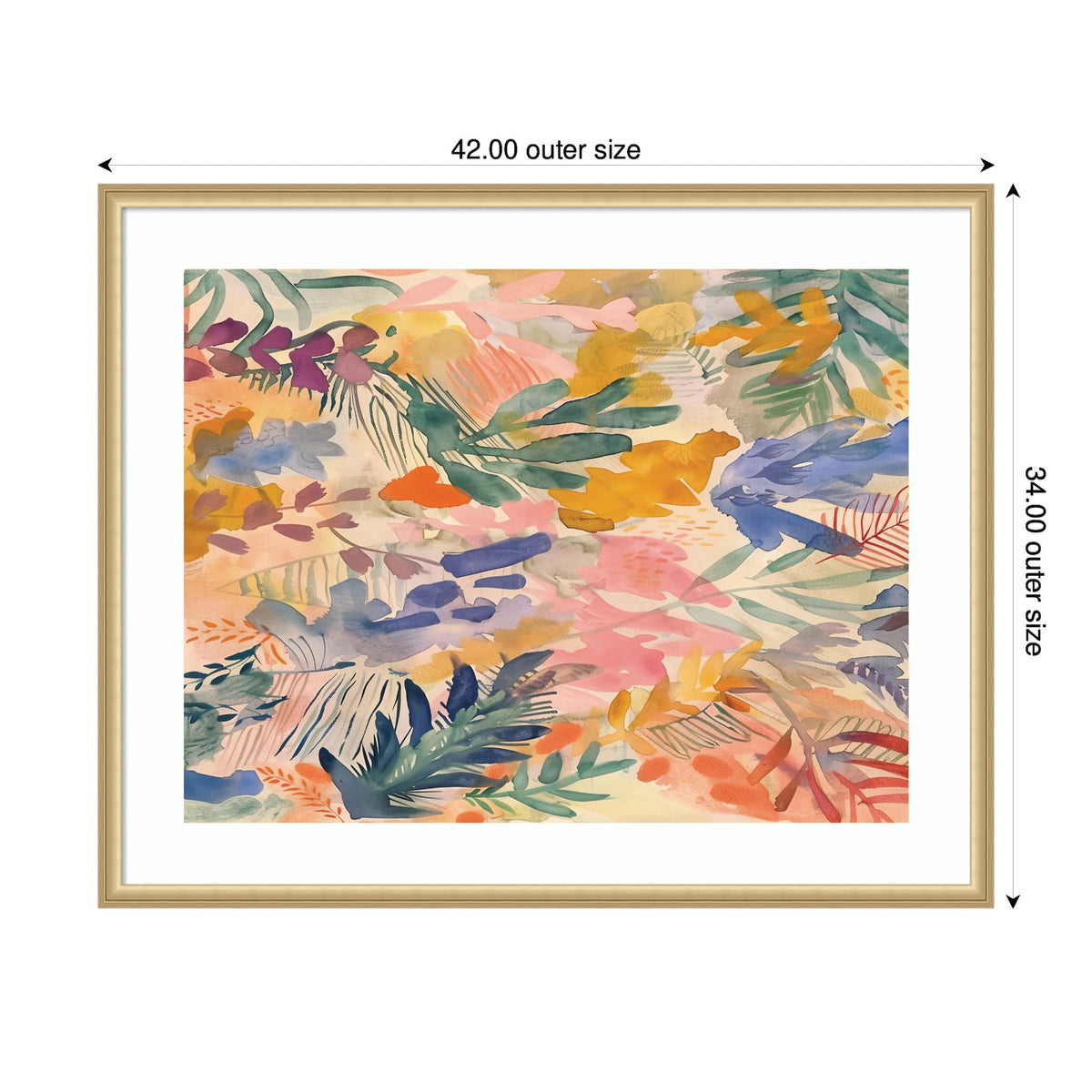 Abstract watercolor floral painting with overlapping leafy shapes in muted pink, blue, yellow, orange, and green tones framed in light wood with matting.