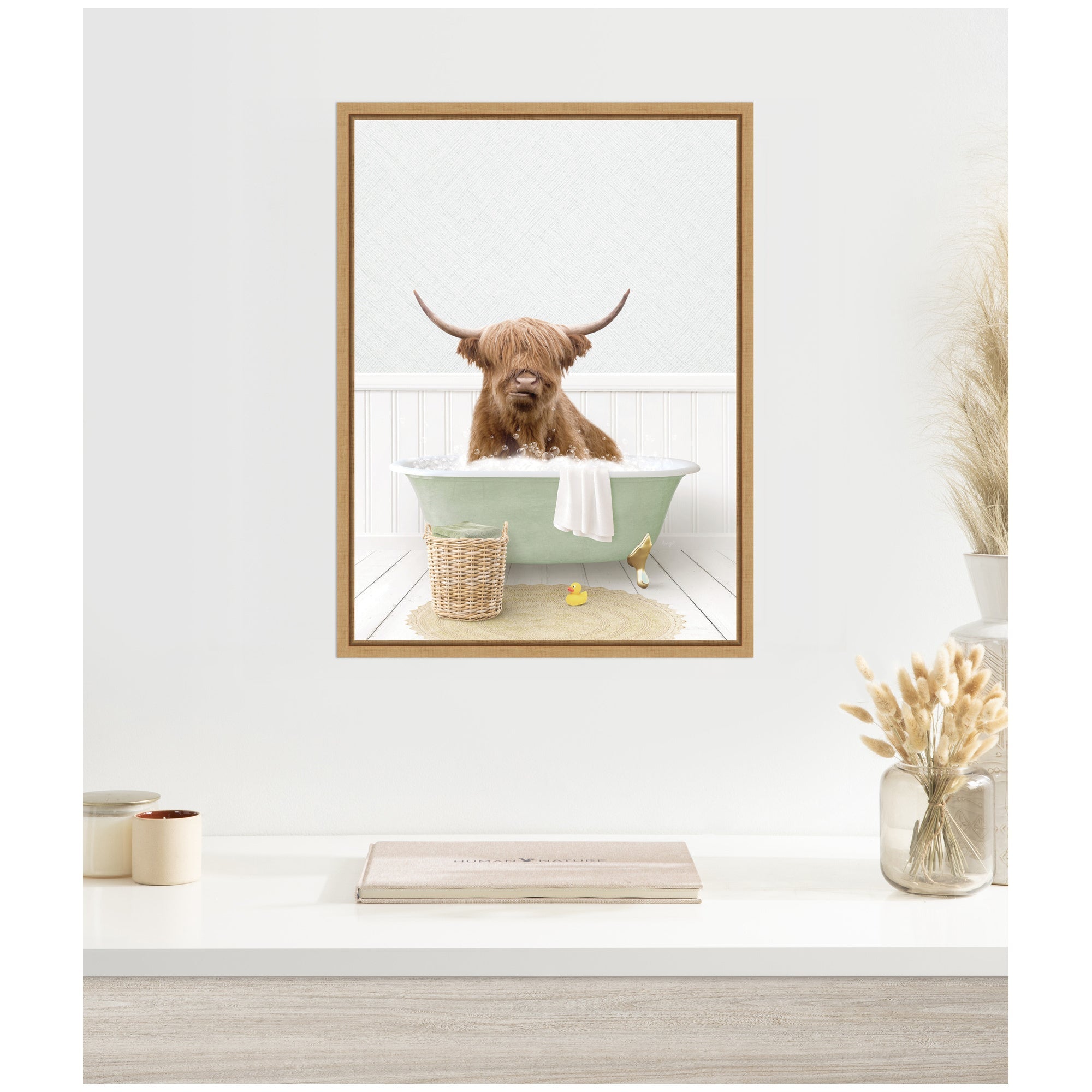 Sylvie Highland Cow in Cottage Green Bathtub Framed Canvas by Amy Peterson