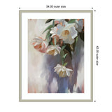 Framed painting of a pastel flower bouquet with white and soft pink blooms and green leaves, set against an abstract grayish background, signed by Mary Sparrow.