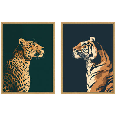 Gold Emerald Leopard Navy Tiger 2 Piece Framed Canvas Wall Art Set showing rich animal prints in Sylvie moulding