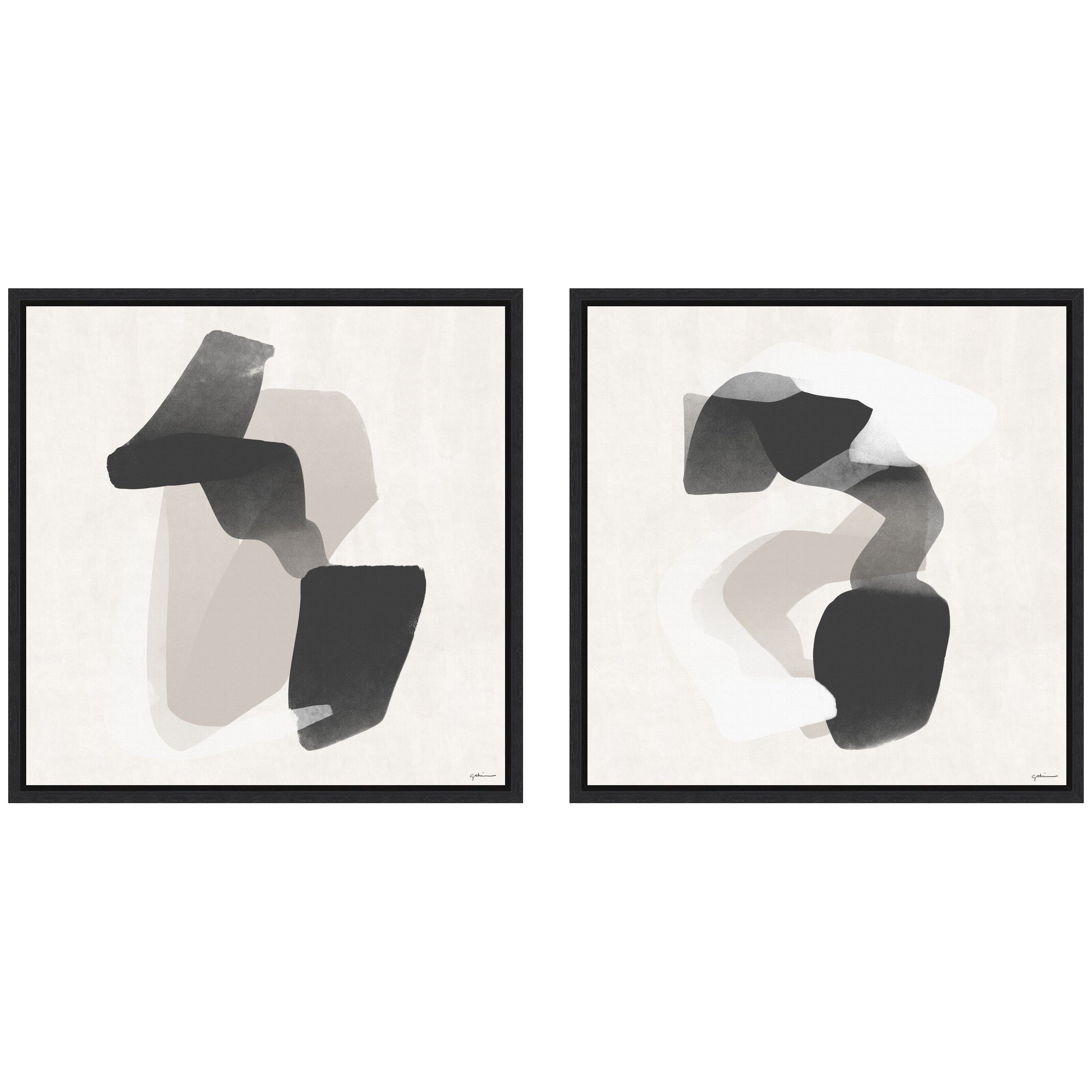 Two black abstract framed canvas artworks from the Abstract Neutral 01 & 02 set by Gabrielly Guedes