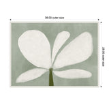 Minimalist floral artwork with five large, soft white petals radiating from a central green stem on a muted sage green background, framed with a light beaded border.