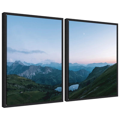 Sylvie Moonrise Over the Mountain Lake framed canvas art set featuring a mountain lake landscape under moonrise by Michael Schauer