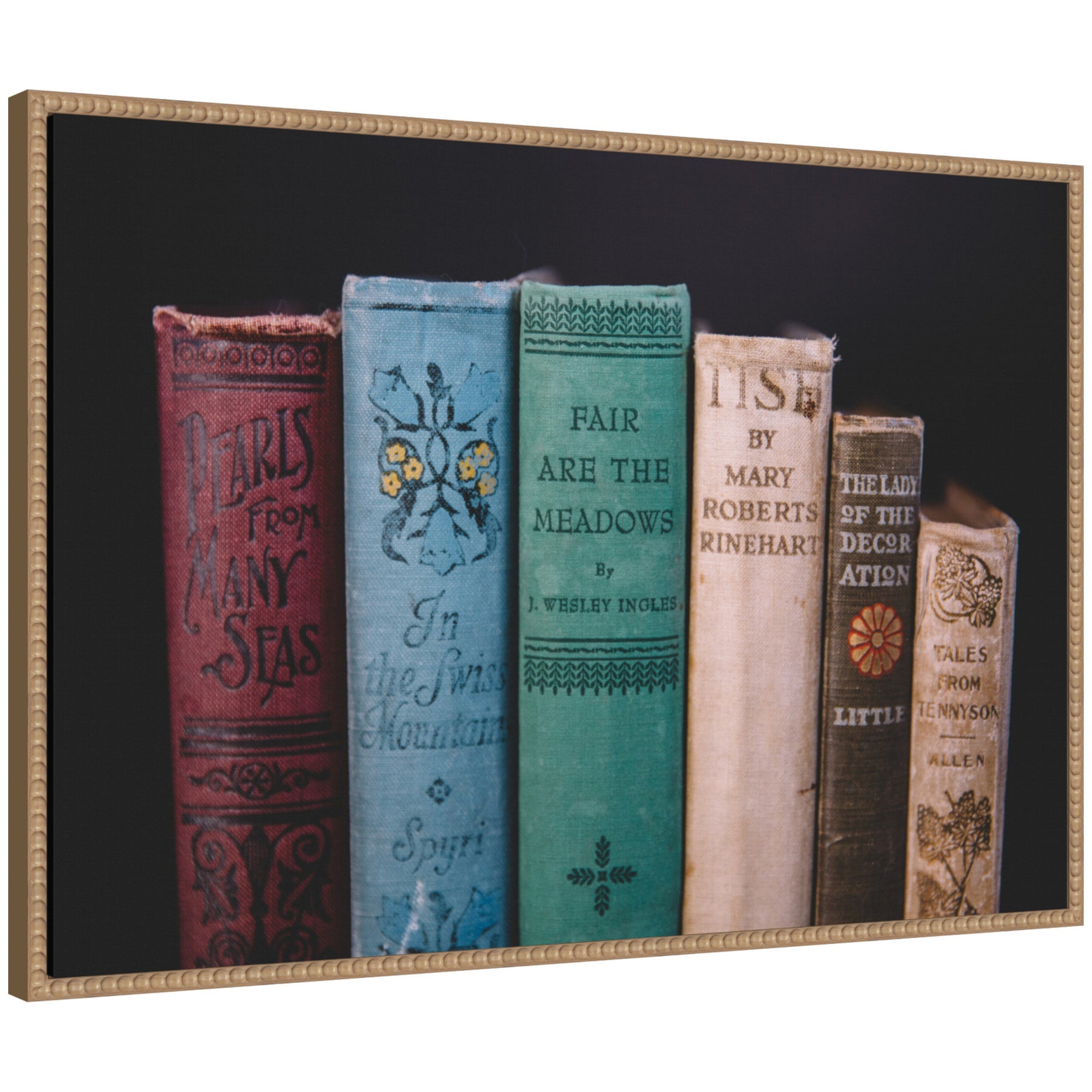 Framed canvas art depicting vintage classic books by Patricia Hasz with a beaded rustic natural frame