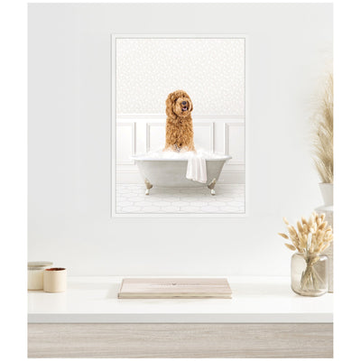 Sylvie Golden Doodle in White Bathtub Framed Canvas by Amy Peterson