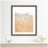 Framed photo of delicate wild fennel stems with light brown hues softly blurred in the background, displayed on a white wall above a table with a candle and small flower arrangement.