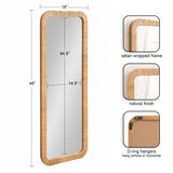 Tall rectangular wall mirror with rounded corners and a natural-colored rattan wrapped frame, suitable for vertical or horizontal hanging with D-ring hangers.