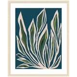 Abstract botanical artwork with elongated green and olive leaves outlined in cream against a dark teal background, framed in light natural wood.