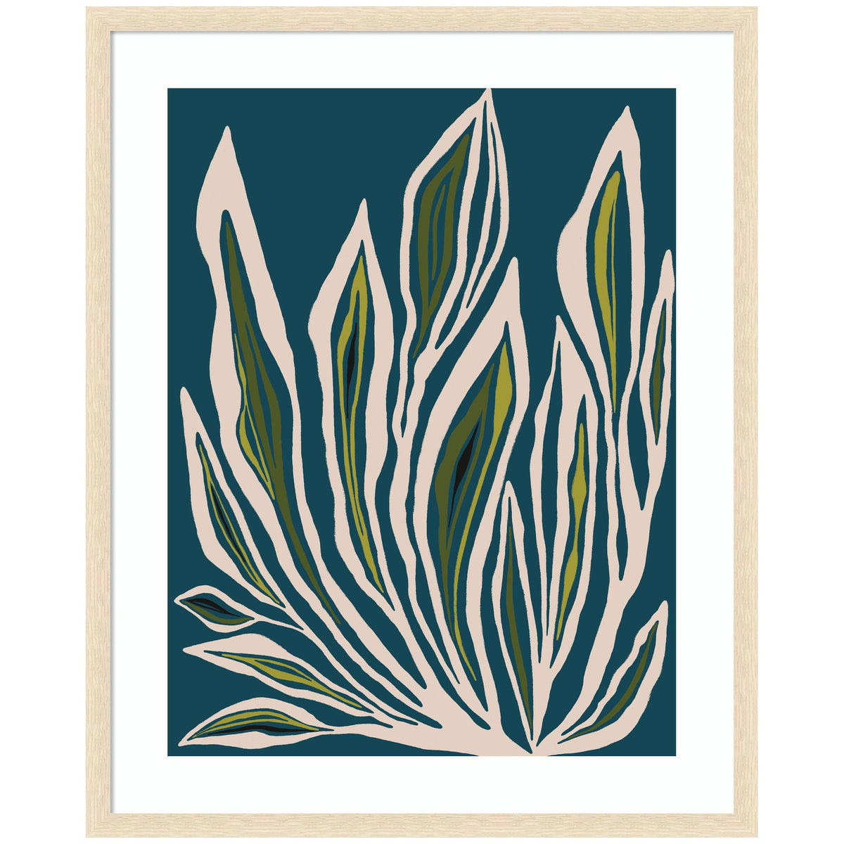 Abstract botanical artwork with elongated green and olive leaves outlined in cream against a dark teal background, framed in light natural wood.