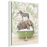 Framed canvas art depicting a zebra, elephant, and weasel together in a wild safari bathtub scene by Amy Peterson