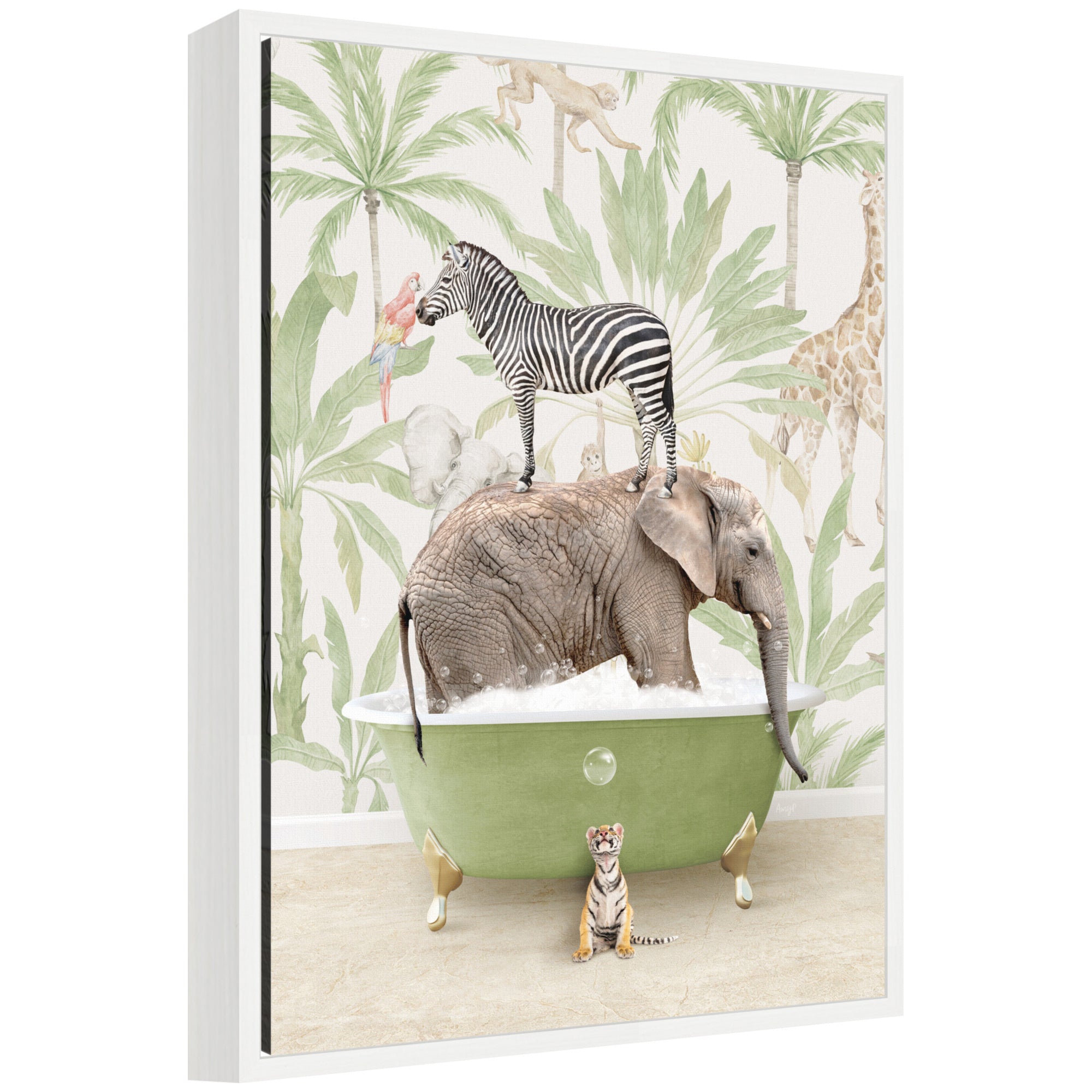Framed canvas art depicting a zebra, elephant, and weasel together in a wild safari bathtub scene by Amy Peterson