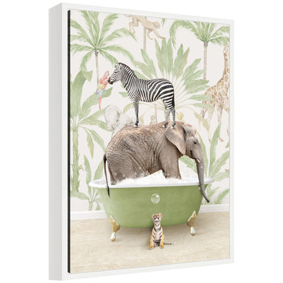 Framed canvas art depicting a zebra, elephant, and weasel together in a wild safari bathtub scene by Amy Peterson