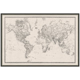 Vintage-style world map on beige linen fabric featuring detailed black and white continent outlines within a simple black wooden frame.