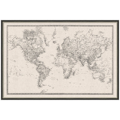 Framed Fabric Pinboard Vintage Black and White Linen World Map Wall Organization